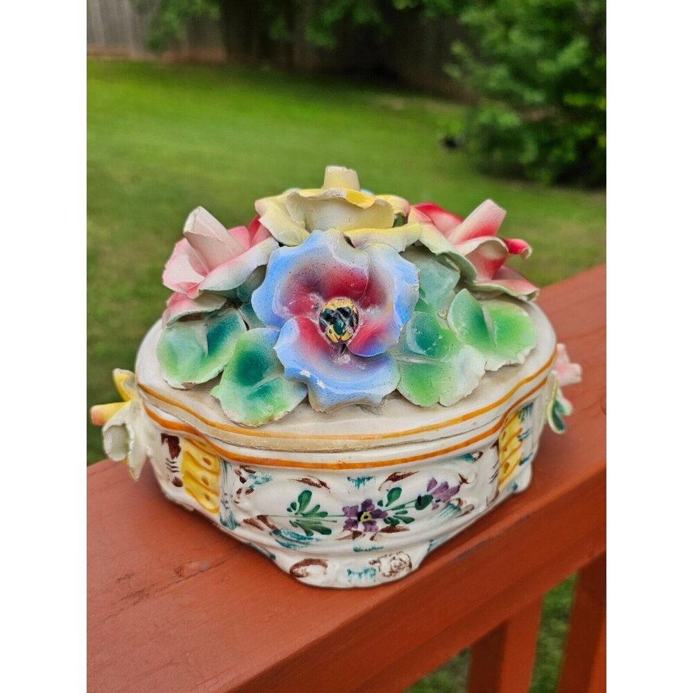 VINTAGE M&R CAPODIMONTE COVERED DISH OVAL FLORAL HAND PAINTED MADE‎ ITALY Sign
